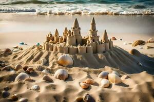 AI generated a sand castle on the beach with shells photo