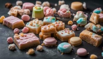 AI generated assorted sweets on a black background photo