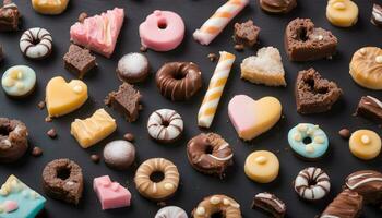 AI generated various types of chocolate and sweets on a black background photo