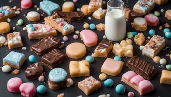 AI generated various types of chocolate and candy on a black background photo