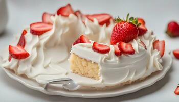 AI generated a piece of cake with white frosting and strawberries photo