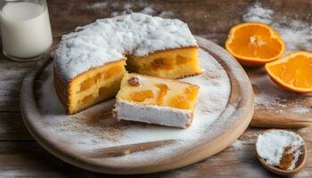 ai generado naranja pastel con naranja rebanadas y Leche en de madera mesa foto