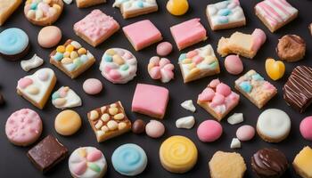 AI generated assorted sweets on a black background photo