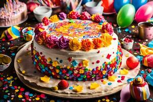 AI generated a birthday cake with colorful sprinkles and confetti photo