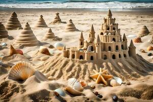 AI generated a sand castle is made on the beach photo