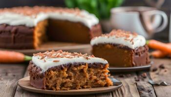 AI generated carrot cake with chocolate frosting and carrot pieces photo