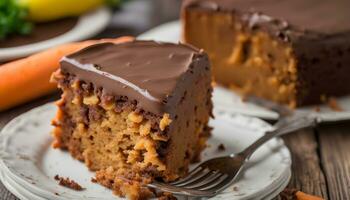 AI generated a piece of carrot cake with chocolate frosting on a plate photo