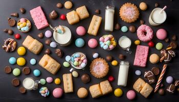 ai generado surtido de galletas, leche, y caramelo en un negro antecedentes foto