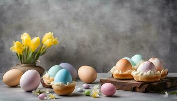 AI generated colorful easter eggs on a table with yellow flowers photo