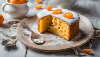 ai generado un pastel con naranja rebanadas en un plato foto