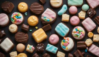 AI generated assorted colorful cookies and candies on a black background photo