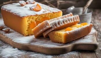 ai generado un pan de pastel con naranja rebanadas en un de madera corte tablero foto