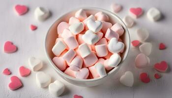 AI generated a bowl filled with marshmallows and pink hearts photo