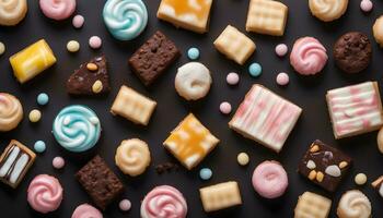 ai generado muchos diferente tipos de galletas y pasteles en un negro antecedentes foto