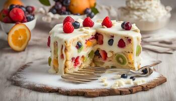 ai generado un pastel con Fruta en parte superior y un tenedor foto