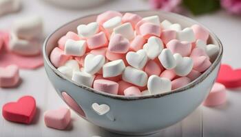 AI generated a bowl filled with marshmallows and pink hearts photo