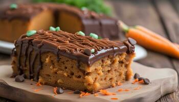 AI generated carrot cake with chocolate frosting on wooden table photo