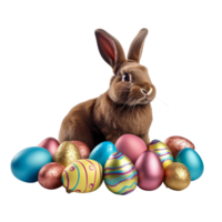 ai gegenereerd konijn omringd door kleurrijk Pasen eieren png
