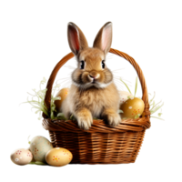 AI generated Festive basket with cute rabbit and easter orthodox eggs on a transparent background png