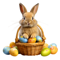 AI generated easter bunny in a basket with colorful eggs on transparent background png