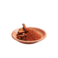 AI generated cinnamon sticks powder in wood plate on transparent background png