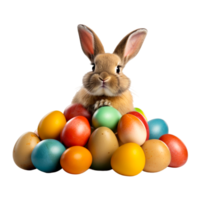 ai généré mignonne Pâques lapin avec des œufs isolé sur transparent Contexte png