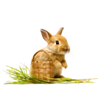 AI generated cute easter bunny with wicker basket and grass on transparent background png