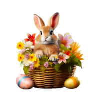 AI generated Festive basket with cute rabbit and easter orthodox eggs on a transparent background png