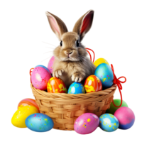 AI generated Easter bunny and colorful egg in a basket on transparent background png