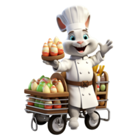 AI generated A cute easter bunny in a chef dress selling a decorated easter egg on transparent background png