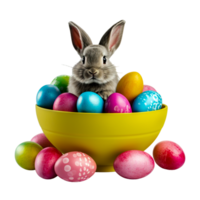 ai généré Pâques lapin avec coloré des œufs dans une bol png