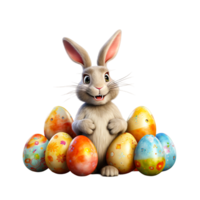 AI generated Easter rabbit with colorful eggs. April holiday on transparent background png