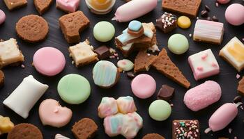 AI generated a variety of different types of sweets on a black background photo