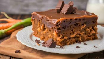 AI generated carrot cake with chocolate frosting on a white plate photo