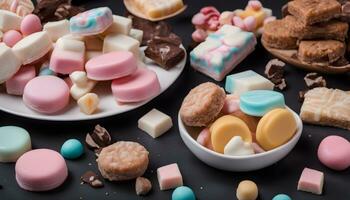 AI generated various types of sweets and candies on a black background photo