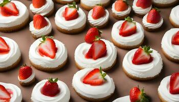 AI generated a bunch of mini cupcakes with white frosting and strawberries photo