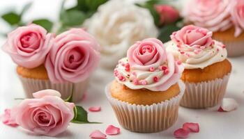 ai generado magdalenas con rosado rosas en blanco antecedentes foto