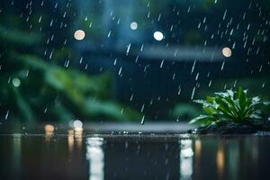 ai generado lluvia que cae en un planta en el lluvia foto