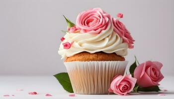 AI generated cupcake with pink roses on white background photo