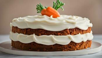 AI generated a carrot cake with cream frosting and a carrot on top photo