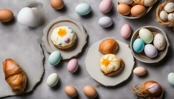 AI generated easter eggs and croissants on a gray background photo