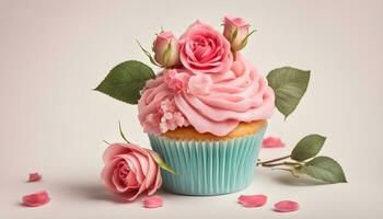 AI generated a cupcake with pink frosting and roses photo