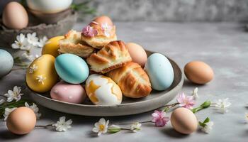 AI generated easter eggs and bread in a bowl photo