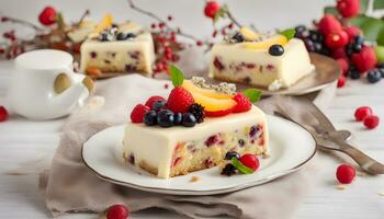 AI generated a piece of cake with berries and fruit on it photo