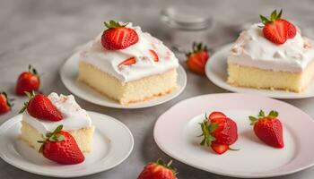 AI generated three pieces of cake with whipped cream and strawberries photo