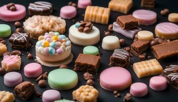 AI generated assortment of chocolates and sweets on black background photo