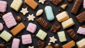 AI generated various types of chocolate and candy on a black background photo