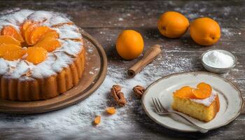 ai generado un pastel con naranjas en un plato y un cuchillo foto