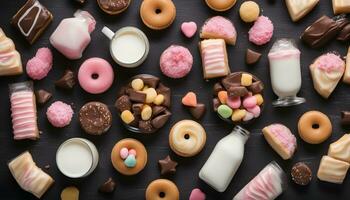 AI generated various types of sweets and cookies on a black background photo