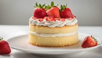 ai generado un pequeño pastel con crema y fresas en un blanco plato foto